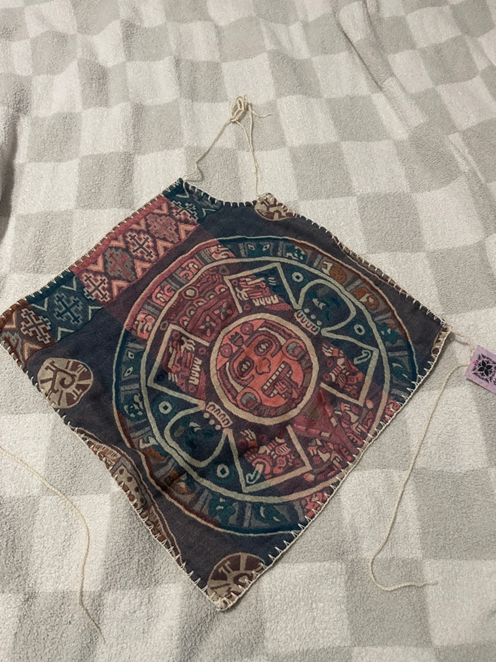 Bohemian Aztec Halter Top in Teal, Red, and Brown. Backless. Ties around back.